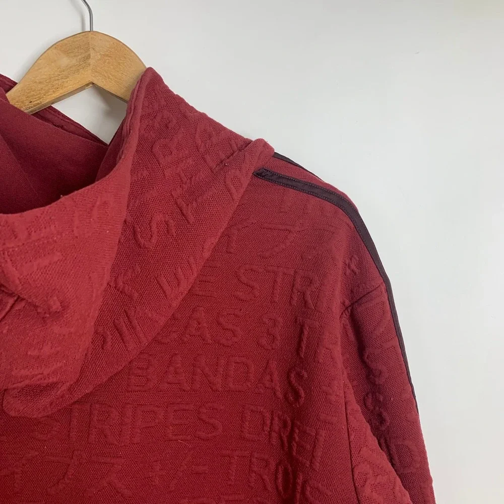 Adidas Men Burgundy All Over Text Logo Embossed‎ Hoodie Pullover Size L